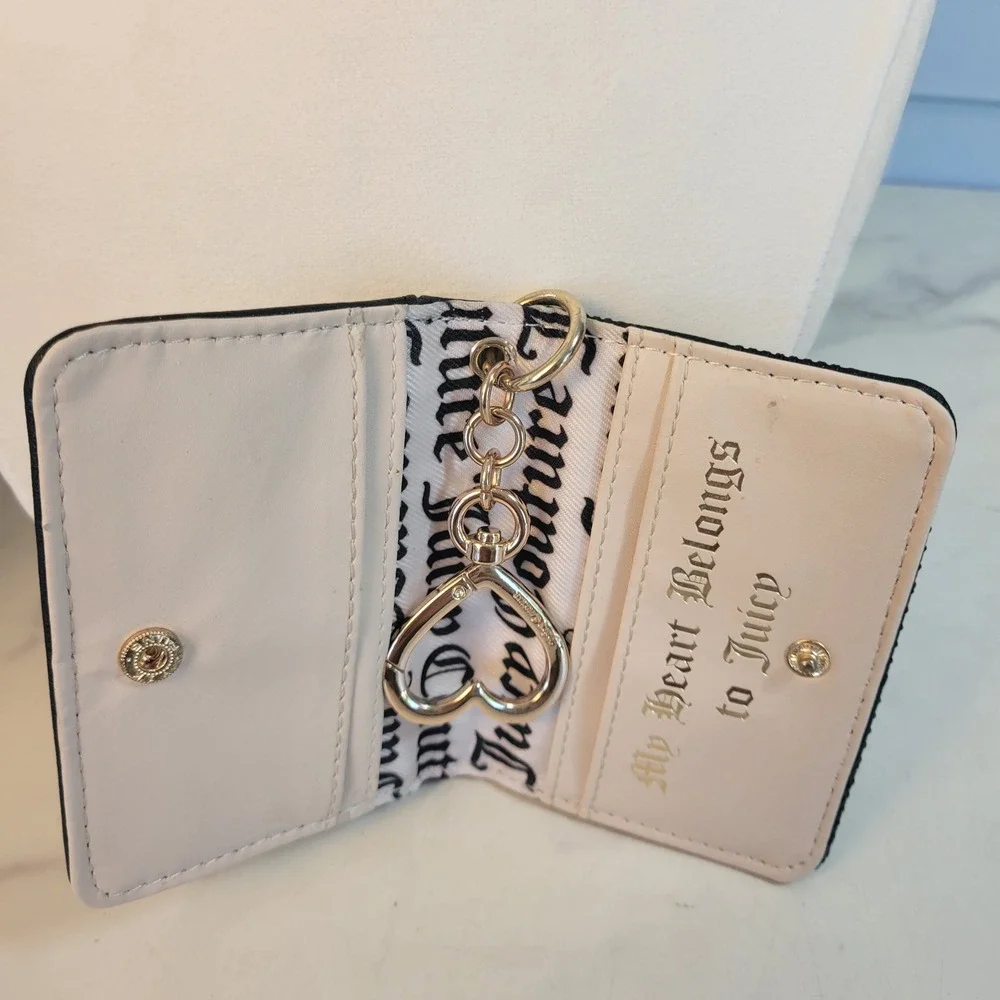 Juicy Couture Card Holder Wallet Black Checkerboard Bifold Keychain Gold Logo